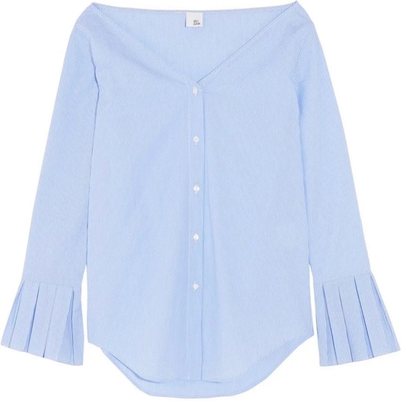 iris & ink collarless button down blouse striped - Picture 1 of 8